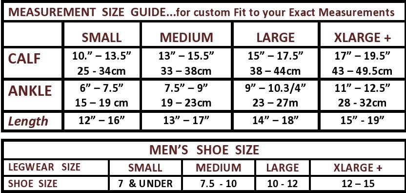 The Natural mens knee sock size chart with lengths